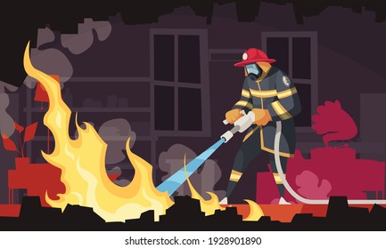 Firefighter wearing mask and helmet putting out fire with hose inside smoke filled room cartoon vector illustration