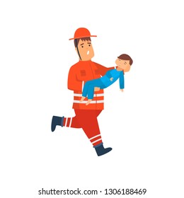 Firefighter Wearing Orange Protective Uniform and Helmet Rescuing Baby from Fire, Cheerful Professional Male Freman Cartoon Character Doing His Job Vector Illustration