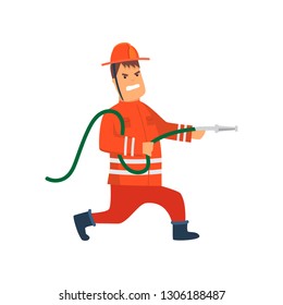 Firefighter Wearing Orange Protective Uniform and Helmet Running with Fire Hose, Cheerful Professional Male Freman Cartoon Character Doing His Job Vector Illustration