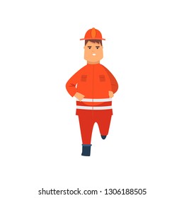 Firefighter Wearing Orange Protective Uniform And Helmet Running, Front View, Professional Male Freman Cartoon Character Doing His Job Vector Illustration