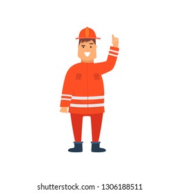 Firefighter Wearing Orange Protective Uniform and Helmet Holding Up His Index Finger, Cheerful Professional Male Freman Cartoon Character Doing His Job Vector Illustration