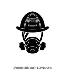 Firefighter Wearing Protective Gas Mask And Helmet. Men Icon Isolated On White Background. Fire Department Emblem. Vector Illustration.