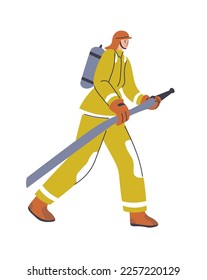 Firefighter wearing protective suit and helmet, isolated fireman with hose extinguishing fire and flames. Professional man at work, occupation and help to people with disaster. Vector in flat style