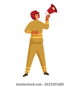 Firefighter wearing protective suit and helmet using megaphone
