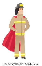 Firefighter wearing a red superhero cloak. Full length of firefighter dressed as superhero. Successful firefighter superhero in red cloak. Vector flat design illustration isolated on white background.