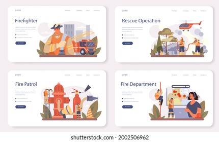 Firefighter web banner or landing page set. Professional fire brigade fighting with flame. Character holding a hydrant hose, watering wildfire or house fire. Flat vector illustration