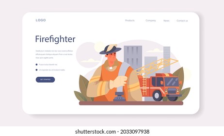 Firefighter web banner or landing page. Professional fire brigade fighting with flame. Character holding a hydrant hose, watering wildfire or house fire. Flat vector illustration