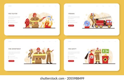 Firefighter web banner or landing page set. Professional fire brigade fighting with flame. Fire department worker wearing a uniform holding a hydrant hose, watering fire. Flat vector illustration