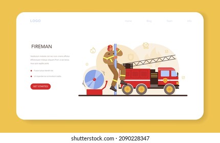 Firefighter web banner or landing page. Professional fire brigade fighting with flame. Fire department worker wearing a uniform holding a hydrant hose, watering fire. Flat vector illustration