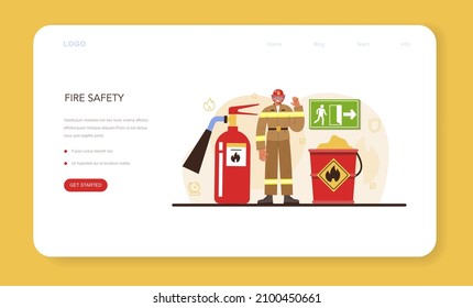 Firefighter web banner or landing page. Professional fire brigade fighting with flame. Fire department worker wearing a uniform holding a hydrant hose, watering fire. Flat vector illustration