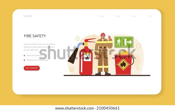 Firefighter\
web banner or landing page. Professional fire brigade fighting with\
flame. Fire department worker wearing a uniform holding a hydrant\
hose, watering fire. Flat vector\
illustration