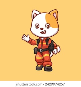 Firefighter White Cat Cute Cartoon Illustration