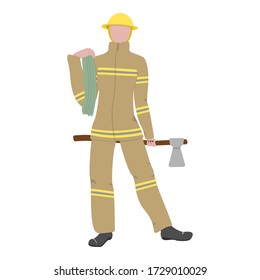 Firefighter woman dressed in a protective uniform and helmet. Rescue worker holds fire hose and ax. Vector flat illustration isolated on white background. Essential worker - fire safety professional.