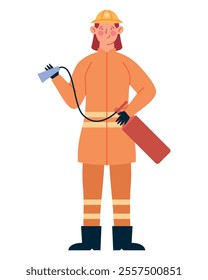 firefighter woman with extinguisher isolated