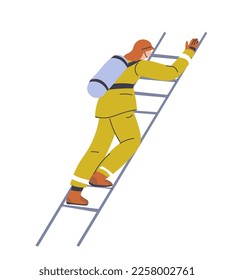firefighter at work climbing on ladder, putting out and extinguishing fire and flames. Man in protective suit with helmet on head proceeds on stairs to save lives. Vector in flat style illustration