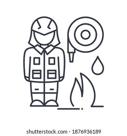 Firefighter work icon, linear isolated illustration, thin line vector, web design sign, outline concept symbol with editable stroke on white background.
