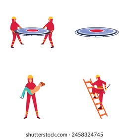 Firefighter work icons set cartoon vector. Firefighter saving young woman. Fire department, emergency service