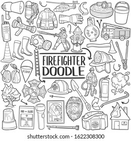 Firefighter Work Tools. Traditional Doodle Drawn Sketch Hand Made Design Vector.