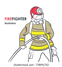 Firefighter at work wearing full uniform: helmet with mask and headlight, breathing apparatus with backpack, unflammable costume and gloves. Fireman with firehose in his arms at emergency situation.