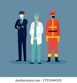 Feuerwehrmann mit Arbeiter-Gruppe in Covid 19, Arbeiter mit medizinischer Maske gegen Vektorgrafik-Design von Coronavirus