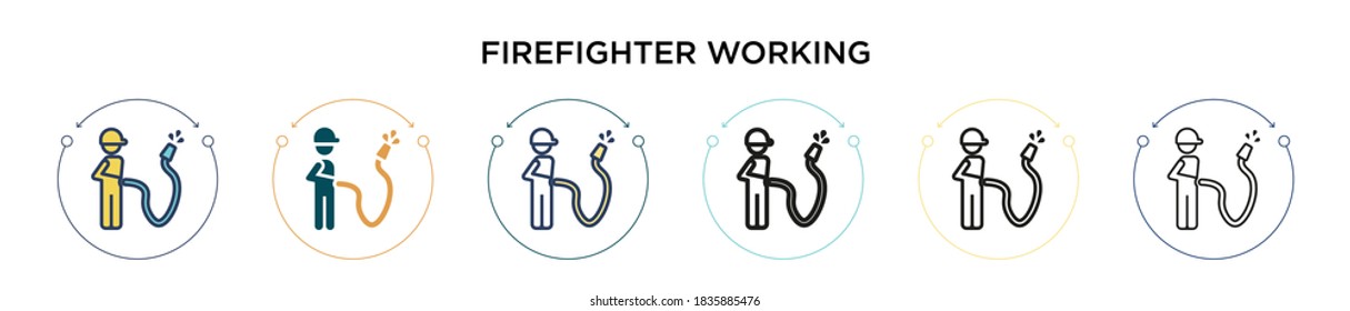 Firefighter working icon in filled, thin line, outline and stroke style. Vector illustration of two colored and black firefighter working vector icons designs can be used for mobile, ui, web