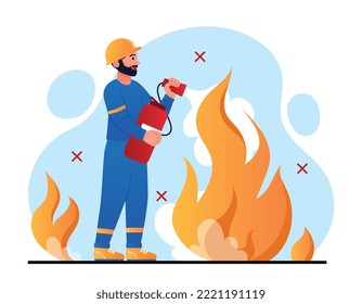 Firefighter at workplace. Man with fire extinguisher extinguishes bonfire. Rescuer from danger. Poster or banner for website. Safety and protection, hero at work. Cartoon flat vector illustration