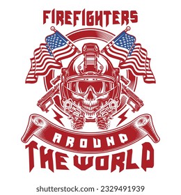 Firefighter-inspired t-shirt design featuring an American fighter helmet, grunge flag, and vintage axe. This print-ready template is perfect for creating stylish t-shirts, posters, banners, and gifts.