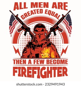 Firefighter-inspired t-shirt design featuring an American fighter helmet, grunge flag, and vintage axe. This print-ready template is perfect for creating stylish t-shirts, posters, banners, and gifts.