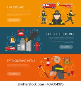 Firefighters 3 Flat Horizontal Banners Webpage For Information On Fire Alarm In Building Abstract Isolated Vector Illustration