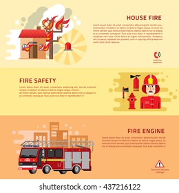 Firefighters 3 flat horizontal banners webpage for information on fire alarm in building. flat icons composition abstract isolated vector illustration