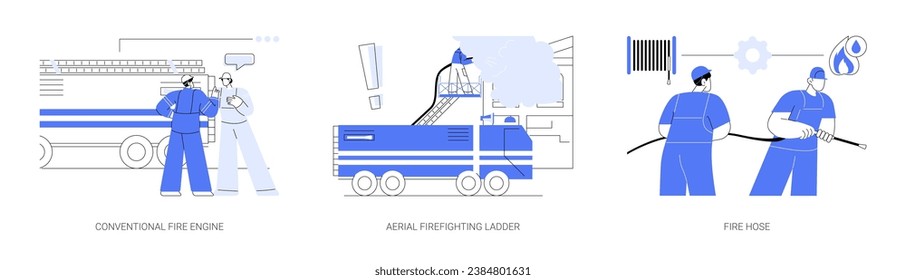 Firefighters abstract concept vector illustration set. Firefighters stand near the truck, conventional fire engine, aerial firefighting ladder, fire hose, emergency vehicle abstract metaphor.