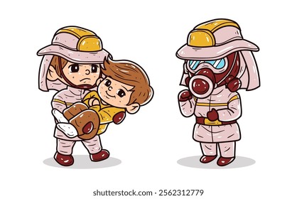 Firefighters act to save children in a fire incident vector illustration