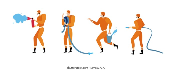 Firefighters in action poses. Vector firefighter emergency, illustration of fireman