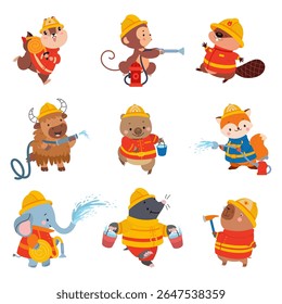 Animais bombeiros. Cartoon animal em uniforme com baldes, mangueira de emergência com água. Elefante, raposa, macaco extinguir chama, hoje em dia vetor conjunto