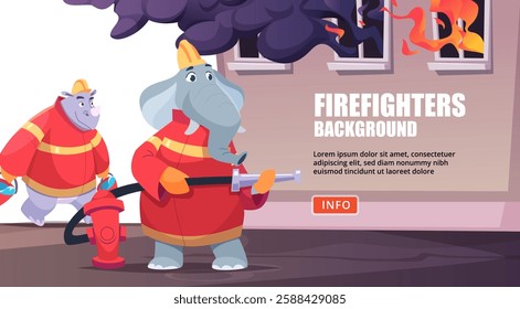 Firefighters animals. elephant and rhinoceros putting out fire