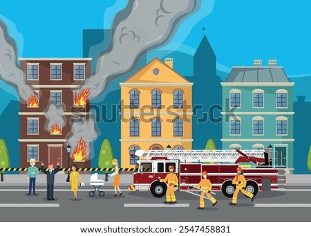 Firefighters arrived to extinguish a fire in a multi-story building. People. Rescue operation.