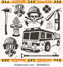 Firefighters attributes and equipments set of vector objects and design elements in vintage monochrome style with grunge textures on separate layer and frame of caution tape