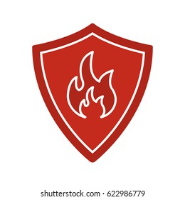 Firefighters badge glyph color icon. Protection shield with fire. Silhouette symbol on white background. Negative space. Vector illustration