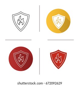Firefighters badge icon. Flat design, linear and glyph color styles. Protection shield with fire. Flammable sign. Isolated vector illustrations