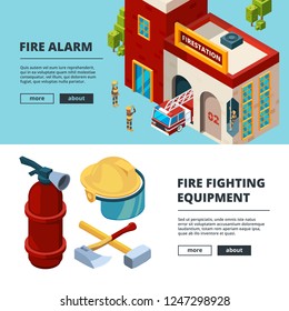 Firefighters banners. Proffesional items fire station wildfire flame uniform rescue man extinguisher vector isometric pictures cards