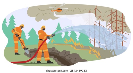 Feuerwehrleute bekämpfen einen Waldbrand, indem sie Schläuche und Schaufeln benutzen, um die Flammen zu bekämpfen, während ein Hubschrauber von oben hilft. Szene betont Teamarbeit, Mut und die kritische Reaktion auf Notfälle