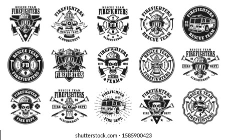 Firefighters big set of fifteen vector isolated emblems, badges, labels or logos in vintage black and white style