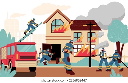 Bomberos en casa en llamas. Los personajes de bomberos extinguen el edificio de incendios con mangueras, trabajadores de emergencia con camiones de bomberos rescatan a la gente del fuego. Ilustración vectorial. Equipo de uniforme con equipo