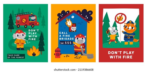 Firefighters cards. Kids warning posters, cute animals in fire uniform, forest conservation, red truck with funny moose driver, bonfire in forest, safety regulations