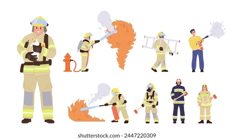 Firefighters cartoon characters in protective uniform at work big set isolated on white background