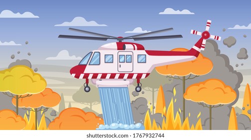 Firefighters cartoon composition with forest landscape and burning trees with smoke clouds and water bombing helicopter vector illustration