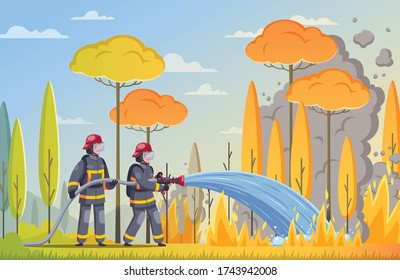 Composición de caricaturas de bomberos con paisaje al aire libre y ardiendo árboles forestales con bomberos luchando contra el fuego con ilustraciones de vectores de agua