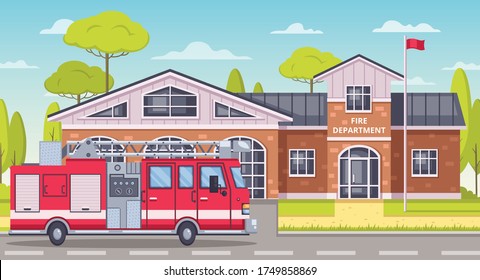 Firefighters cartoon composition with outdoor landscape and fire fighting vehicle in front of fire department building vector illustration
