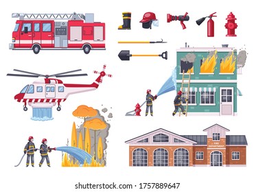 Firefighters Cartoon Icons Collection With Isolated Compositions Of Fire Fighting Vehicles Equipment Burning Houses And Trees Vector Illustration