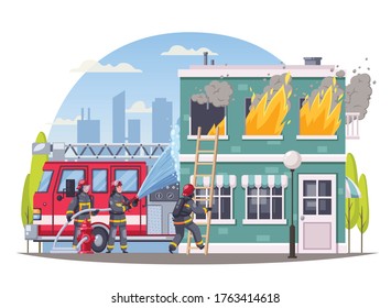 Firefighters Cartoon Round Composition Cityscape Background Stock ...